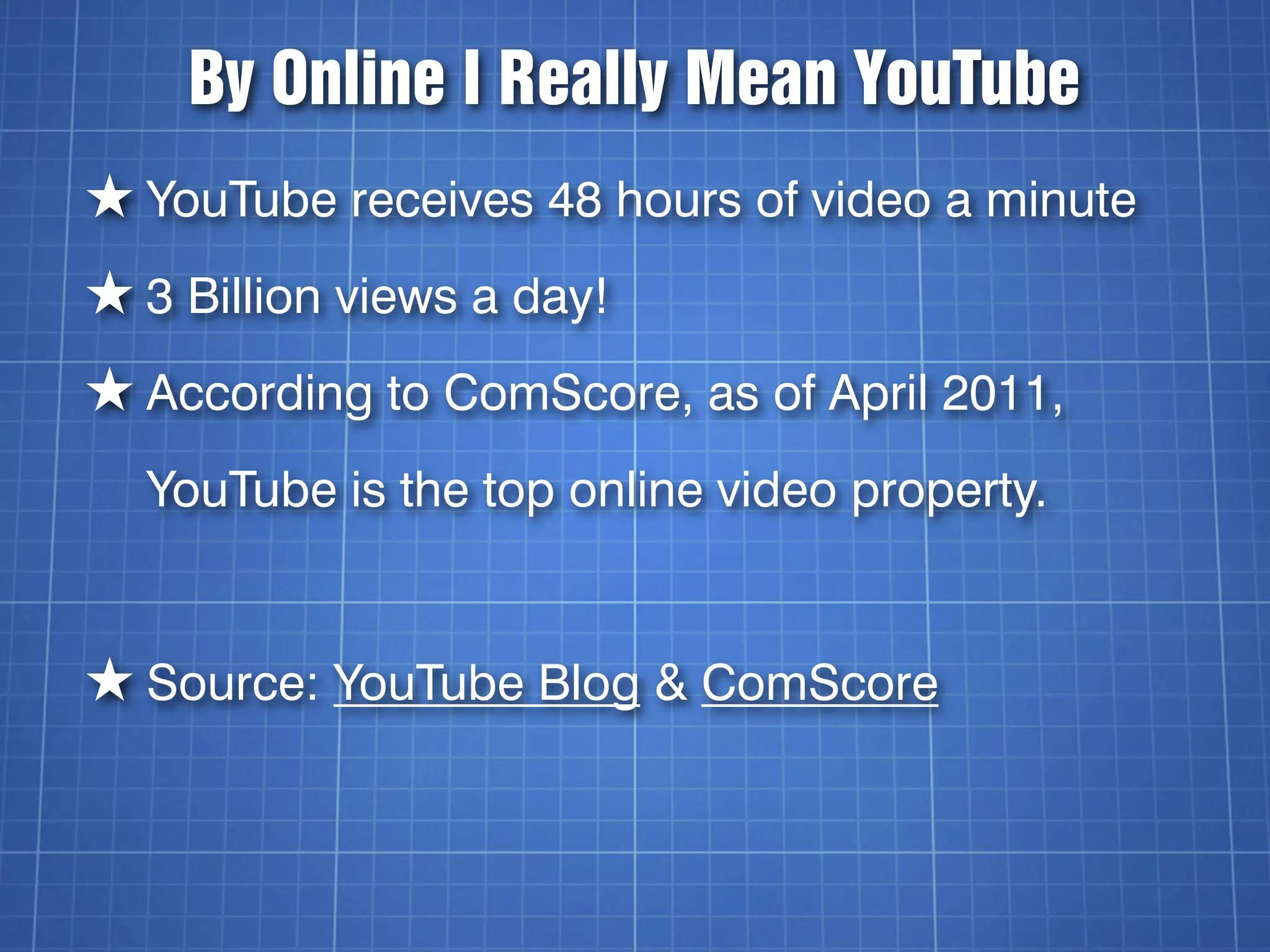 By Online I Really Mean YouTube
★ YouTube receives 48 hours of video a minute
★ 3 Billion views a day!
★ According to ComScore, as of April 2011,
  YouTube is the top online video property.


★ Source: YouTube Blog & ComScore
 