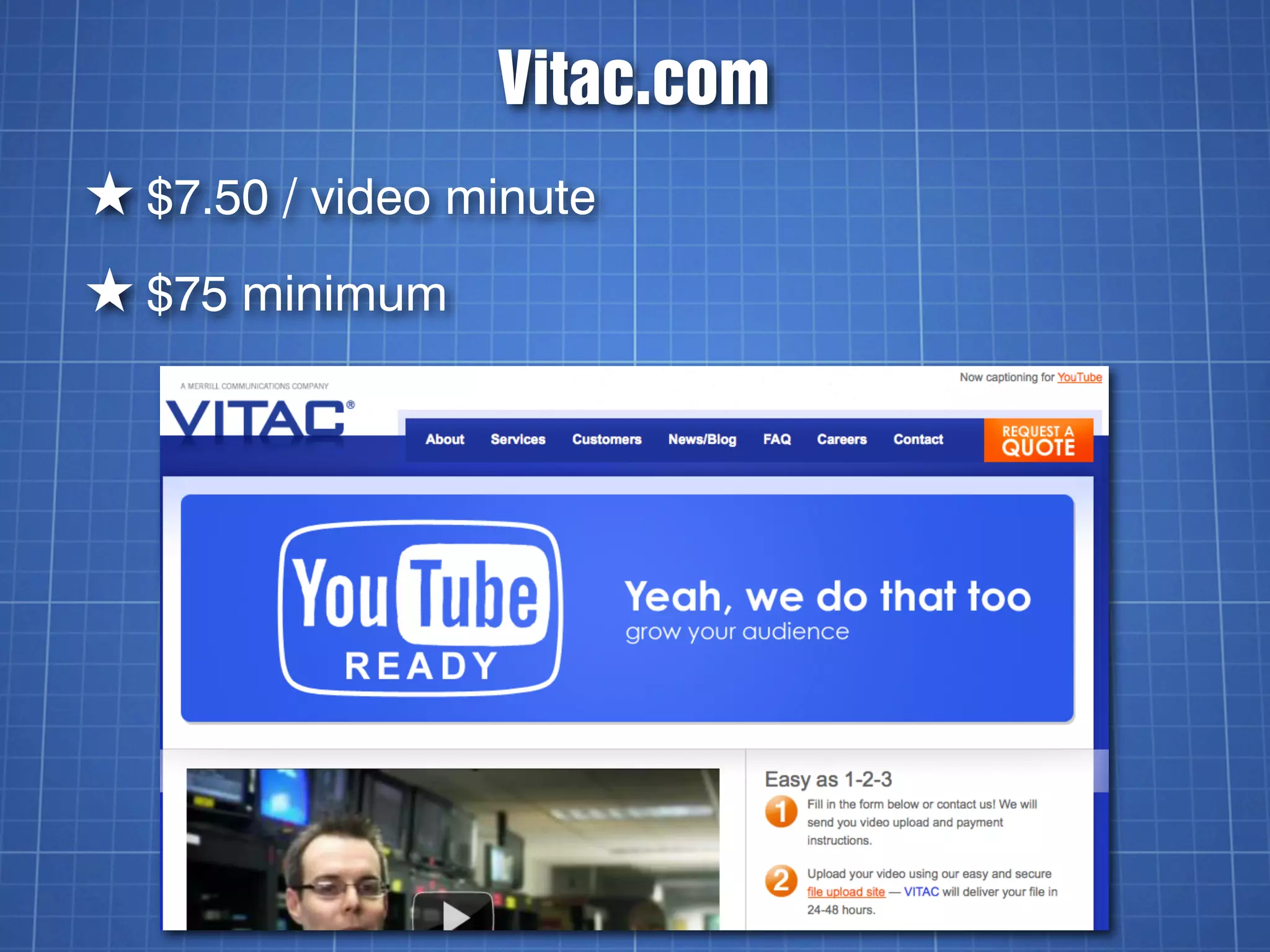 Vitac.com
★ $7.50 / video minute
★ $75 minimum
 