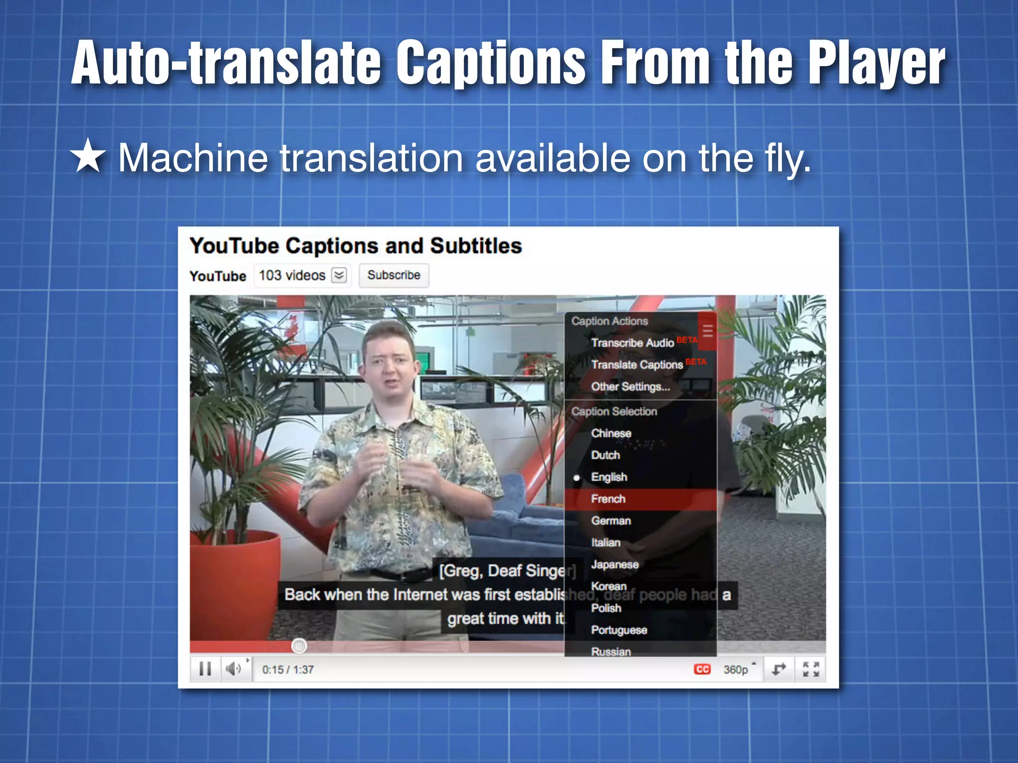 Auto-translate Captions From the Player
★ Machine translation available on the fly.
 