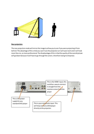 Rear projectors
The rear projection mode will mirrorthe image toallow youtosee if youwere projectingitfrom
behind.The advantage of thisisthatyou won’tsee the projectorsoit will save roomandit will look
more like a tv,so more professional.The disadvantage of thisisthatthe qualityof the overall picture
will godownbecause itwill have togo throughthe screen,therefore losingitssharpness
Thisis the power
supplyforany
standardDVD player
Thisis the HDMI input,this
couldbe a wayto connect
it straightfromthe
monitorscreenfromthe
player
Thisis yourcomposite input.This
will helpconnectaDVDplayer
directlytothe projector.
 