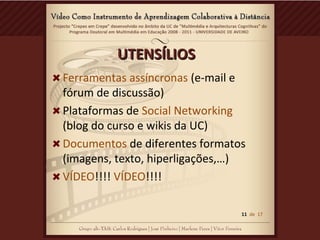 UTENSÍLIOSUTENSÍLIOS
Ferramentas assíncronas (e-mail e
fórum de discussão)
Plataformas de Social Networking
(blog do curso e wikis da UC)
Documentos de diferentes formatos
(imagens, texto, hiperligações,…)
VÍDEO!!!! VÍDEO!!!!
11 de 17
 