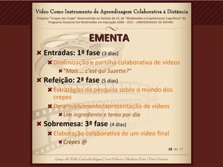 EMENTAEMENTA
Entradas: 1ª fase (3 dias)
Dinamização e partilha colaborativa de vídeos
“Mais … c’est qui Suzette?”
Refeição: 2ª fase (5 dias)
Estratégias da pesquisa sobre o mundo dos
crepes
Desenvolvimento/apresentação de vídeos
Um ingrediente e tema por dia
Sobremesa: 3ª fase (4 dias)
Elaboração colaborativa de um vídeo final
Crepes @
18 de 17
 