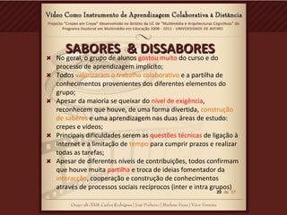 SABORES & DISSABORESSABORES & DISSABORES
No geral, o grupo de alunos gostou muito do curso e do
processo de aprendizagem implícito;
Todos valorizaram o trabalho colaborativo e a partilha de
conhecimentos provenientes dos diferentes elementos do
grupo;
Apesar da maioria se queixar do nível de exigência,
reconhecem que houve, de uma forma divertida, construção
de saberes e uma aprendizagem nas duas áreas de estudo:
crepes e vídeos;
Principais dificuldades serem as questões técnicas de ligação à
Internet e a limitação de tempo para cumprir prazos e realizar
todas as tarefas;
Apesar de diferentes níveis de contribuições, todos confirmam
que houve muita partilha e troca de ideias fomentador da
interacção, cooperação e construção de conhecimentos
através de processos sociais recíprocos (inter e intra grupos)
20 de 17
 
