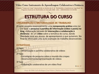 ESTRUTURA DO CURSOESTRUTURA DO CURSO
ORGANIZAÇÃO E METODOLOGIA DE TRABALHO
O curso assumiu essencialmente uma componente prática visto ter
por base a pesquisa e partilha de informação (vídeo e posts) no
blog, elaboração (através de interacções e colaboração à
distância) de um vídeo sobre a temática do curso, dando
liberdade total aos alunos de apresentarem o que quiserem. No
final foi efectuado uma auto-avaliação do trabalho desenvolvido.
ESTRATÉGIAS
1ª fase:
- Dinamização e partilha colaborativa de vídeos
2ª fase:
- Estratégias da pesquisa sobre o mundo dos crepes
- Desenvolvimento/apresentação de vídeos
3ª fase
- Elaboração colaborativa de um vídeo final
6 de 17
 