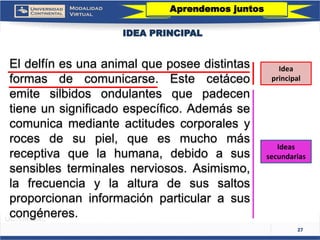 27 
IDEA PRINCIPAL 
Eldelfínesunaanimalqueposeedistintasformasdecomunicarse.Estecetáceoemitesilbidosondulantesquepadecentieneunsignificadoespecífico.Ademássecomunicamedianteactitudescorporalesyrocesdesupiel,queesmuchomásreceptivaquelahumana,debidoasussensiblesterminalesnerviosos.Asimismo, lafrecuenciaylaalturadesussaltosproporcionaninformaciónparticularasuscongéneres. 
Ideas secundarias 
Idea principal 
Aprendemos juntos  