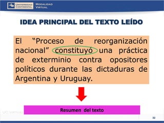 32 
IDEA PRINCIPAL DEL TEXTO LEÍDO 
El“Procesodereorganizaciónnacional”constituyóunaprácticadeexterminiocontraopositorespolíticosdurantelasdictadurasdeArgentinayUruguay. 
Resumen del texto  