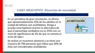 En un periódico de gran circulación, se afirma
que aproximadamente 25% de los adultos en la
ciudad de México son analfabetos. Ponga a
prueba esta hipótesis (contra la alternativa de
que el porcentaje verdadero no es 25%) con un
nivel de significancia de 5% de que se cometa el
error de tipo I.
Se realiza un muestreo aleatorio y se tiene una
muestra de 740 personas que indica que 20% de
ellas son consideradas analfabetas.
CASO APLICATIVO: Situación de necesidad
de alfabetización
 