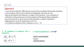 Ejercicio.6
A una muestra aleatoria 1000 amas de casa que han escuchado determinado programa,
se les preguntó sobre la efectividad de la propaganda, 420 amas de casa
dijeron que habían sido inducidas a comprar cierto producto. ¿Este resultado da
suficiente evidencia para que los patrocinadores del programa digan igualmente
que la mayoría de las amas de casa serán inducidas a comprar el producto?
Suponga que el nivel de significancia es de 5%.
a) Contraste las hipótesis nula y alternativa con α = 5%
2º. Nivel de significancia α = 0.05
1.- Se establecen las hipótesis nula y
alternativa.
?
:
?
:
1
0


P
H
P
H REFLEXIONAMO
S LA
RESPUESTA
 