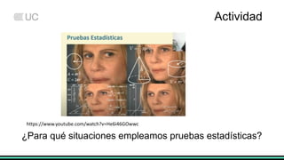 Actividad
¿Para qué situaciones empleamos pruebas estadísticas?
https://www.youtube.com/watch?v=He6i46GOwwc
 