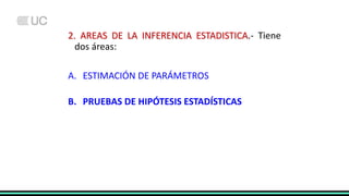 2. AREAS DE LA INFERENCIA ESTADISTICA.- Tiene
dos áreas:
A. ESTIMACIÓN DE PARÁMETROS
B. PRUEBAS DE HIPÓTESIS ESTADÍSTICAS
 