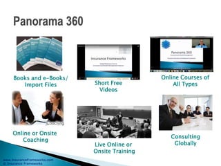 www.InsuranceFrameworks.com
© Insurance Frameworks
Books and e-Books/
Import Files Short Free
Videos
Online Courses of
All Types
Online or Onsite
Coaching
Live Online or
Onsite Training
Consulting
Globally
 