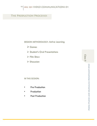 18   MSJ 301 VIDEO COMMUNICATIONS 01

 	
  

The Production Processes




             SESSION METHODOLOGY: Active Learning

                 Ø Games
                 Ø Student’s Oral Presentations




                                                    Class	
  9	
  
                 Ø Film Show
                 Ø Discussion




                                                                     Media Studies and Journalism Department (MSJ)	
  
             IN	
  THIS	
  SESSION:	
  


             •         Pre Production
             •         Production
             •         Post Production
 