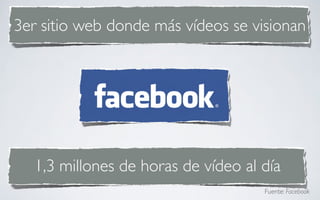 3er sitio web donde más vídeos se visionan




  1,3 millones de horas de vídeo al día
                                    Fuente: Facebook
 