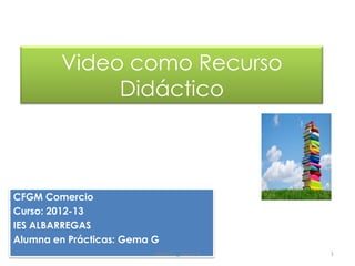 Video como Recurso
Didáctico
CFGM Comercio
Curso: 2012-13
IES ALBARREGAS
Alumna en Prácticas: Gema G
1MUFPES _ Gema G
 