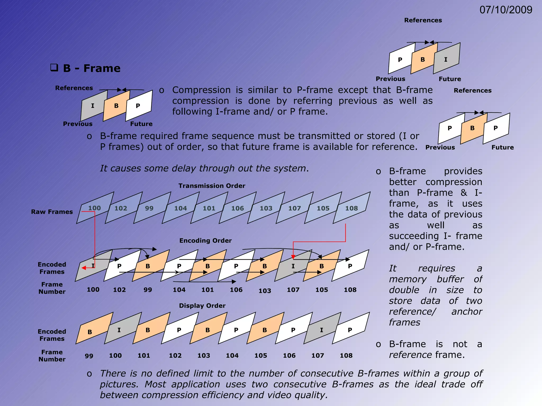 B - Frame Compression is similar to P-frame except that B-frame compression is done by referring previous as well as following I-frame and/ or P frame. B-frame required frame sequence must be transmitted or stored (I or P frames) out of order, so that future frame is available for reference. It causes some delay through out the system . B-frame provides better compression than P-frame & I-frame, as it uses the data of previous as well as succeeding I- frame and/ or P-frame. It requires a memory buffer of double in size to store data of two reference/ anchor frames B-frame is not a  reference  frame. There is no defined limit to the number of consecutive B-frames within a group of pictures. Most application uses two consecutive B-frames as the ideal trade off between compression efficiency and video quality. Previous Future References B P I Previous Future References B P I References Previous Future B P P 100 102 99 104 101 106 103 107 105 108 Transmission Order Raw Frames 99 100 101 102 103 104 105 106 107 108 B I B P B P B P I P Display Order Frame Number Encoded Frames I P B P B P B I B P 100 102 99 104 101 106 103 107 105 108 Encoding Order Frame Number Encoded Frames 