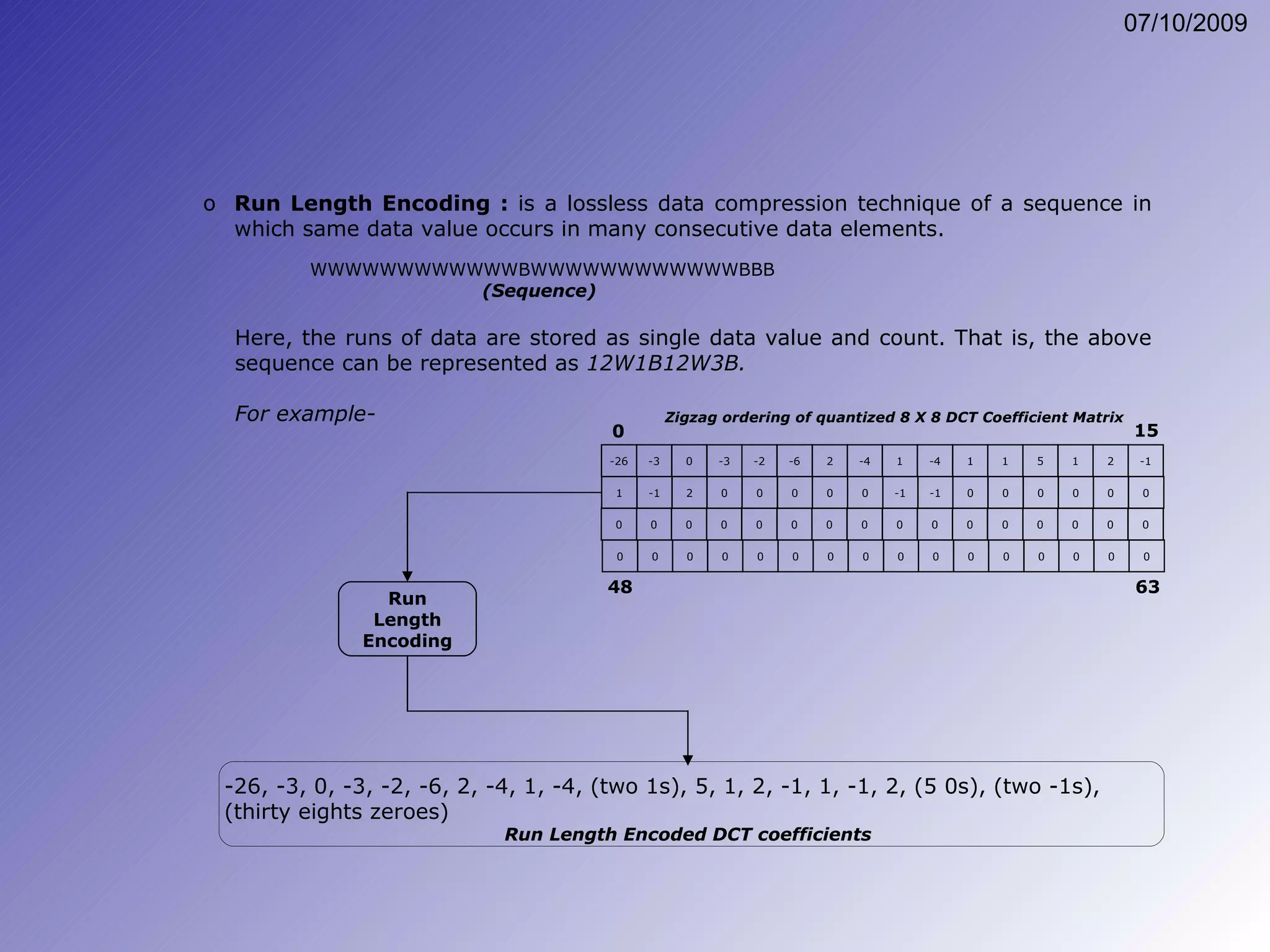Run Length Encoding :  is a lossless data compression technique of a sequence in which same data value occurs in many consecutive data elements.  WWWWWWWWWWWWBWWWWWWWWWWWWBBB (Sequence)   Here, the runs of data are stored as single data value and count. That is, the above sequence can be represented as  12W1B12W3B. For example- -26, -3, 0, -3, -2, -6, 2, -4, 1, -4, (two 1s), 5, 1, 2, -1, 1, -1, 2, (5 0s), (two -1s), (thirty eights zeroes) Run Length Encoded DCT coefficients Run Length Encoding Zigzag ordering of quantized 8 X 8 DCT Coefficient Matrix -26 -3 -6 2 2 -1 0 -2 -4 1 -3 1 5 -4 1 1 0 0 0 0 0 0 0 0 0 0 0 0 0 0 0 0 0 15 1 -1 0 2 0 0 -1 0 -1 0 0 0 0 0 0 0 0 0 0 0 0 0 0 0 0 0 0 0 0 0 0 0 48 63 