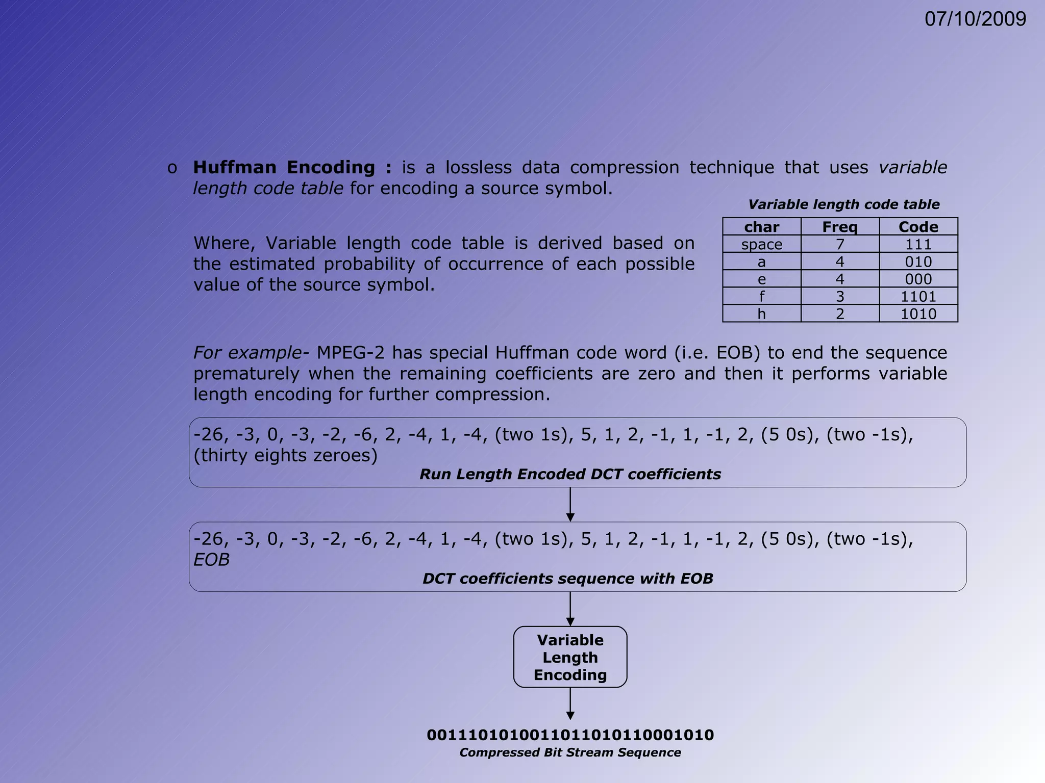 Huffman Encoding :  is a lossless data compression technique that uses  variable length code table  for encoding a source symbol.  Where, Variable length code table is derived based on the estimated probability of occurrence of each possible value of the source symbol.  For example-  MPEG-2 has special Huffman code word (i.e. EOB) to end the sequence prematurely when the remaining coefficients are zero and then it performs variable length encoding for further compression. -26, -3, 0, -3, -2, -6, 2, -4, 1, -4, (two 1s), 5, 1, 2, -1, 1, -1, 2, (5 0s), (two -1s), (thirty eights zeroes) Run Length Encoded DCT coefficients -26, -3, 0, -3, -2, -6, 2, -4, 1, -4, (two 1s), 5, 1, 2, -1, 1, -1, 2, (5 0s), (two -1s),  EOB DCT coefficients sequence with EOB  Variable Length Encoding 0011101010011011010110001010 Compressed Bit Stream Sequence char Freq Code space 7 111 a 4 010 e 4 000 f 3 1101 h 2 1010 Variable length code table 