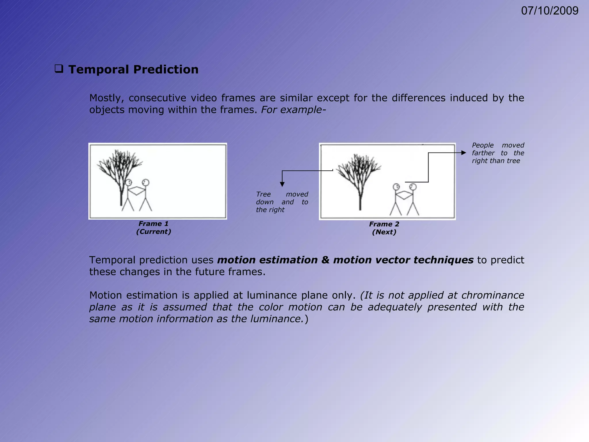 Mostly, consecutive video frames are similar except for the differences induced by the objects moving within the frames.  For example- Temporal prediction uses  motion estimation & motion vector techniques  to predict these changes in the future frames. Motion estimation is applied at luminance plane only.  (It is not applied at chrominance plane as it is assumed that the color motion can be adequately presented with the same motion information as the luminance. ) Temporal Prediction Frame 1 (Current) Frame 2 (Next) Tree moved down and to the right People moved farther to the right than tree 