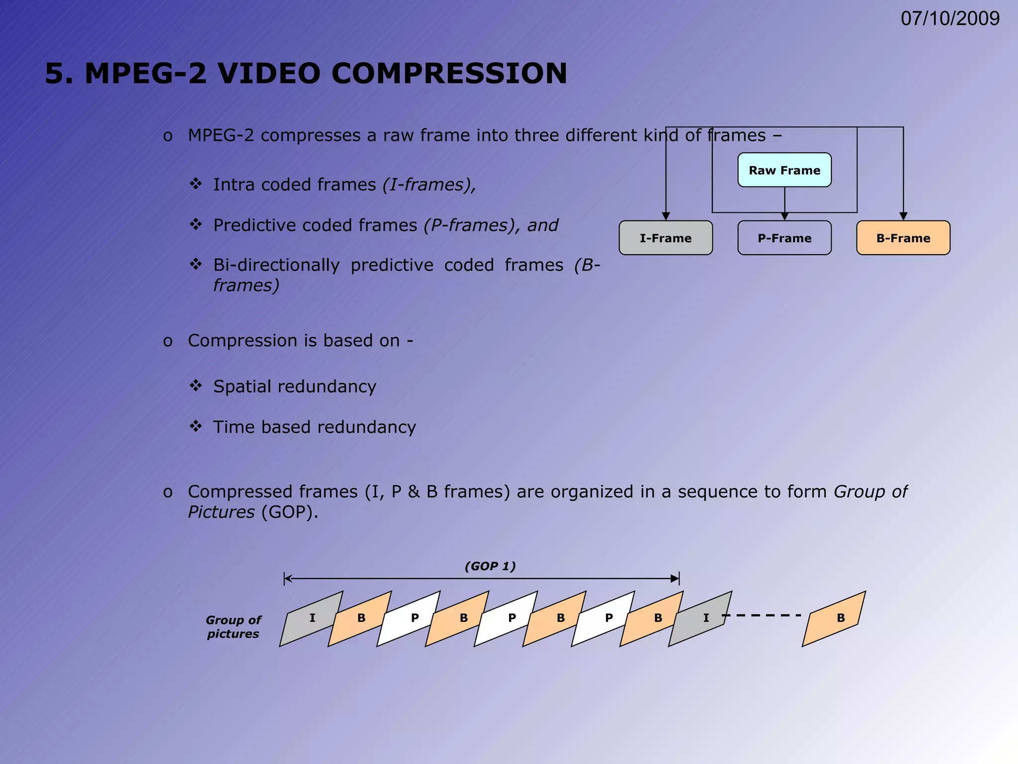 5. MPEG-2 VIDEO COMPRESSION MPEG-2 compresses a raw frame into three different kind of frames – Compressed frames (I, P & B frames) are organized in a sequence to form  Group of Pictures  (GOP). Compression is based on - Spatial redundancy Time based redundancy Intra coded frames  (I-frames), Predictive coded frames  (P-frames), and Bi-directionally predictive coded frames  (B-frames) Raw Frame I-Frame P-Frame B-Frame I B P B P B P B I (GOP 1) B Group of pictures 