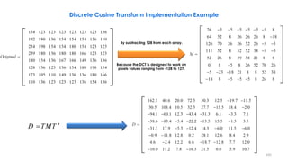 By subtracting 128 from each array.
Because the DCT is designed to work on
pixels values ranging from -128 to 127.
D TMT 
105
Discrete Cosine Transform Implementation Example
 