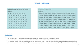 Note that:
– Low-low coefficients are much larger than high-high coefficients
– While pixel values change at all positions, DCT values are mainly larger at low frequency.
8x8 DCT Example
112
 
