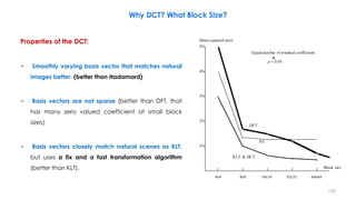 Properties of the DCT:
− Smoothly varying basis vector that matches natural
images better (better than Hadamard)
− Basis vectors are not sparse (better than DFT, that
has many zero valued coefficient at small block
sizes)
− Basis vectors closely match natural scenes as KLT,
but uses a fix and a fast transformation algorithm
(better than KLT).
132
Why DCT? What Block Size?
5%
4%
3%
2%
1%
4x4 8x8 16x16 32x32 64x64
Block size
Mean-squared-error
DFT
HT
KLT & DCT

Equal number of retained coefficients
&
 