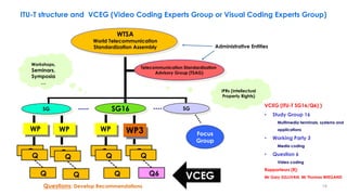 Telecommunication Standardization
Advisory Group (TSAG)
WTSA
World Telecommunication
Standardization Assembly
SG
Workshops,
Seminars,
Symposia
…
IPRs (Intellectual
Property Rights)
WP
Questions: Develop Recommendations
SG
WP WP
Q
Focus
Group
VCEG (ITU-T SG16/Q6) )
• Study Group 16
Multimedia terminals, systems and
applications
• Working Party 3
Media coding
• Question 6
Video coding
Rapporteurs (R):
Mr Gary SULLIVAN, Mr Thomas WIEGAND
SG16
WP3
14
ITU-T structure and VCEG (Video Coding Experts Group or Visual Coding Experts Group)
Administrative Entities
Q
Q
Q
Q
Q
Q
Q
Q
Q
Q
Q6 VCEG
 