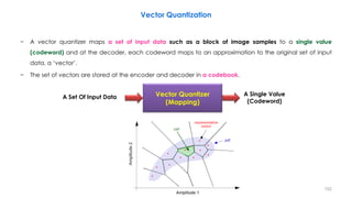 − A vector quantizer maps a set of input data such as a block of image samples to a single value
(codeword) and at the decoder, each codeword maps to an approximation to the original set of input
data, a ‘vector’.
− The set of vectors are stored at the encoder and decoder in a codebook.
152
Vector Quantization
Vector Quantizer
(Mapping)
A Set Of Input Data A Single Value
(Codeword)
 