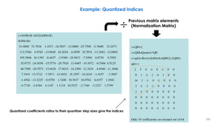 Quantized coefficients ratios to their quantizer step sizes give the indices
Previous matrix elements
(Normalization Matrix)
Example: Quantized Indices
189
 