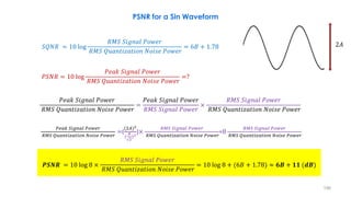 196
𝑆𝑄𝑁𝑅 = 10 log
𝑅𝑀𝑆 𝑆𝑖𝑔𝑛𝑎𝑙 𝑃𝑜𝑤𝑒𝑟
𝑅𝑀𝑆 𝑄𝑢𝑎𝑛𝑡𝑖𝑧𝑎𝑡𝑖𝑜𝑛 𝑁𝑜𝑖𝑠𝑒 𝑃𝑜𝑤𝑒𝑟
= 6𝐵 + 1.78
𝑃𝑆𝑁𝑅 = 10 log
𝑃𝑒𝑎𝑘 𝑆𝑖𝑔𝑛𝑎𝑙 𝑃𝑜𝑤𝑒𝑟
𝑅𝑀𝑆 𝑄𝑢𝑎𝑛𝑡𝑖𝑧𝑎𝑡𝑖𝑜𝑛 𝑁𝑜𝑖𝑠𝑒 𝑃𝑜𝑤𝑒𝑟
=?
𝑃𝑒𝑎𝑘 𝑆𝑖𝑔𝑛𝑎𝑙 𝑃𝑜𝑤𝑒𝑟
𝑅𝑀𝑆 𝑄𝑢𝑎𝑛𝑡𝑖𝑧𝑎𝑡𝑖𝑜𝑛 𝑁𝑜𝑖𝑠𝑒 𝑃𝑜𝑤𝑒𝑟
=
𝑃𝑒𝑎𝑘 𝑆𝑖𝑔𝑛𝑎𝑙 𝑃𝑜𝑤𝑒𝑟
𝑅𝑀𝑆 𝑆𝑖𝑔𝑛𝑎𝑙 𝑃𝑜𝑤𝑒𝑟
×
𝑅𝑀𝑆 𝑆𝑖𝑔𝑛𝑎𝑙 𝑃𝑜𝑤𝑒𝑟
𝑅𝑀𝑆 𝑄𝑢𝑎𝑛𝑡𝑖𝑧𝑎𝑡𝑖𝑜𝑛 𝑁𝑜𝑖𝑠𝑒 𝑃𝑜𝑤𝑒𝑟
𝑃𝑒𝑎𝑘 𝑆𝑖𝑔𝑛𝑎𝑙 𝑃𝑜𝑤𝑒𝑟
𝑅𝑀𝑆 𝑄𝑢𝑎𝑛𝑡𝑖𝑧𝑎𝑡𝑖𝑜𝑛 𝑁𝑜𝑖𝑠𝑒 𝑃𝑜𝑤𝑒𝑟
=(
(2𝐴)2
(
𝐴
2
)2
)×
𝑅𝑀𝑆 𝑆𝑖𝑔𝑛𝑎𝑙 𝑃𝑜𝑤𝑒𝑟
𝑅𝑀𝑆 𝑄𝑢𝑎𝑛𝑡𝑖𝑧𝑎𝑡𝑖𝑜𝑛 𝑁𝑜𝑖𝑠𝑒 𝑃𝑜𝑤𝑒𝑟
=8
𝑅𝑀𝑆 𝑆𝑖𝑔𝑛𝑎𝑙 𝑃𝑜𝑤𝑒𝑟
𝑅𝑀𝑆 𝑄𝑢𝑎𝑛𝑡𝑖𝑧𝑎𝑡𝑖𝑜𝑛 𝑁𝑜𝑖𝑠𝑒 𝑃𝑜𝑤𝑒𝑟
𝑷𝑺𝑵𝑹 = 10 log 8 ×
𝑅𝑀𝑆 𝑆𝑖𝑔𝑛𝑎𝑙 𝑃𝑜𝑤𝑒𝑟
𝑅𝑀𝑆 𝑄𝑢𝑎𝑛𝑡𝑖𝑧𝑎𝑡𝑖𝑜𝑛 𝑁𝑜𝑖𝑠𝑒 𝑃𝑜𝑤𝑒𝑟
= 10 log 8 + (6𝐵 + 1.78) ≈ 𝟔𝑩 + 𝟏𝟏 (𝒅𝑩)
PSNR for a Sin Waveform
2𝐴
 