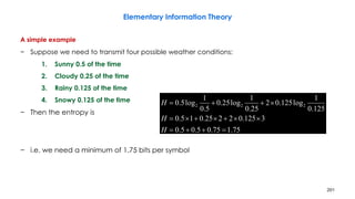 201
Elementary Information Theory
A simple example
− Suppose we need to transmit four possible weather conditions:
1. Sunny 0.5 of the time
2. Cloudy 0.25 of the time
3. Rainy 0.125 of the time
4. Snowy 0.125 of the time
− Then the entropy is
− i.e. we need a minimum of 1.75 bits per symbol
75.175.05.05.0
3125.02225.015.0
125.0
1
log125.02
25.0
1
log25.0
5.0
1
log5.0 222



H
H
H
 