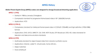 24
Motion Picture Experts Group (MPEG) codecs are designed for storage/broadcast/streaming applications
MPEG-1 (1992)
• Started in 1988 by Lenardo Chiariglione
• Compression standard for progressive frame-based video in SIF (360x240) formats
• Applications: VCD
MPEG-2 (1994-5)
• Compression standard for interlaced frame-based video in CCIR-601 (720x480) and high definition (1920x1088i)
formats
• Applications: DVD, SVCD, DIRECTV, GA, DVB, HDTV Studio, DTV Broadcast, DVD, HD, video standards for
television and telecommunications standards
MPEG-4 (1999)
• Multimedia standard for object-based video from natural or synthetic source
• Applications: Internet, cable TV, virtual studio, home LAN etc..
• Object-oriented
• Over-ambitious?
MPEG History
MPEG 21
MPEG-2
MPEG-1
MPEG-4
MPEG-7
 