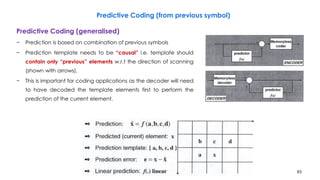 63
Predictive Coding (from previous symbol)
Predictive Coding (generalised)
− Prediction is based on combination of previous symbols
− Prediction template needs to be “causal” i.e. template should
contain only “previous” elements w.r.t the direction of scanning
(shown with arrows).
− This is important for coding applications as the decoder will need
to have decoded the template elements first to perform the
prediction of the current element.
 
