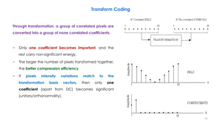 Through transformation, a group of correlated pixels are
converted into a group of none correlated coefficients.
− Only one coefficient becomes important, and the
rest carry non-significant energy.
− The larger the number of pixels transformed together,
the better compression efficiency
− If pixels intensity variations match to the
transformation basis vectors, then only one
coefficient (apart from DC) becomes significant
(unitary/orthonormality).
79
Transform Coding
 