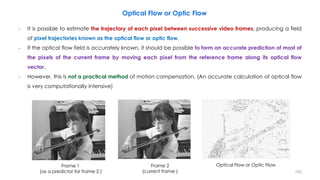 − It is possible to estimate the trajectory of each pixel between successive video frames, producing a field
of pixel trajectories known as the optical flow or optic flow.
− If the optical flow field is accurately known, it should be possible to form an accurate prediction of most of
the pixels of the current frame by moving each pixel from the reference frame along its optical flow
vector.
− However, this is not a practical method of motion compensation. (An accurate calculation of optical flow
is very computationally intensive)
Optical Flow or Optic Flow
103
Frame 1
(as a predictor for frame 2 )
Frame 2
(current frame )
Optical Flow or Optic Flow
 