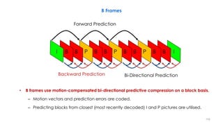 • B frames use motion-compensated bi-directional predictive compression on a block basis.
– Motion vectors and prediction errors are coded.
– Predicting blocks from closest (most recently decoded) I and P pictures are utilised.
Forward Prediction
Bi-Directional Prediction
B Frames
110
Backward Prediction
 