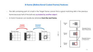 120
– The MB containing part of a ball in the Target frame cannot find a good matching MB in the previous
frame because half of the ball was occluded by another object.
– A match however can readily be obtained from the next frame.
B-frame (Bidirectional Coded Frame) Features
Forward
prediction
Backward
prediction
 