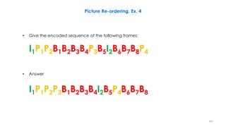 • Give the encoded sequence of the following frames:
I1P1P2B1B2B3B4P3B5I2B6B7B8P4
• Answer
I1P1P2P3B1B2B3B4I2B5P4B6B7B8
163
Picture Re-ordering, Ex. 4
 