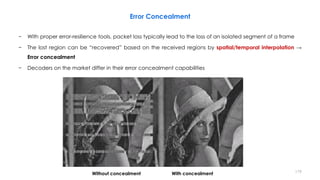 Error Concealment
− With proper error-resilience tools, packet loss typically lead to the loss of an isolated segment of a frame
− The lost region can be “recovered” based on the received regions by spatial/temporal interpolation →
Error concealment
− Decoders on the market differ in their error concealment capabilities
179Without concealment With concealment
 