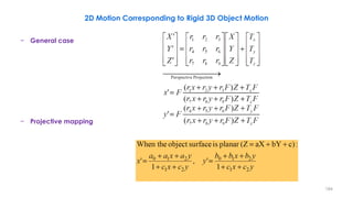 184
2D Motion Corresponding to Rigid 3D Object Motion
− General case
− Projective mapping
 