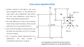 Cross-search Algorithm (CSA)
An example of the CSA (cross-search
algorithm) search for w=8 pixels/frame
• Another method of fast BMA is the cross-
search algorithm (CSA) . In this method, the
basic idea is still a logarithmic step search,
but with some differences, which lead to
fewer computational search points.
• The main difference is that at each iteration
there are four search locations, which are the
end points of a cross (×) rather than (+).
• Also, at the final stage, the search points can
be either the end points of (×) or (+) crosses,
as shown in Figure.
• For a maximum motion displacement of w
pixels/frame, the total number of
computations becomes 5 + 4 log2 𝑊.
228
 