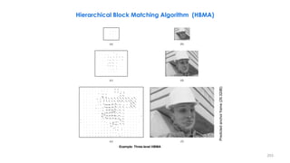 Hierarchical Block Matching Algorithm (HBMA)
(a)
(c)
(e)
(b)
(d)
(f)
Predictedanchorframe(29.32dB)
Example: Three-level HBMA
253
 