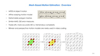 259
Mesh-Based Motion Estimation: Overview
− MPEG-4 object motion
− Affine warping motion model
− Deformable polygon meshes
− Similar MAD, SSE error measures
− Trade-offs: more accurate ME vs. tremendous complexity
− Bilinear and perspective motion models are rarely used in video coding
 