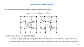 262
Mesh-Based Motion Model
• The motion in each element is interpolated from nodal MVs
• Mesh-based vs. node-based model:
– Mesh-based: Each node has a single MV, which influences the motion of all four adjacent elements
– Node-based: Each node can have four different MVs depend on within with element it is considered
 