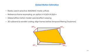 − Rarely used in practice: BME/BMC mostly suffices
− Reference frame resampling: an option in H.263+/H.263++
− Global affine motion model: special-effect warping
− 3D subband & wavelet coding: align frames before temporal filtering [Taubman]
268
Global Motion Estimation
MV00
MV10 MV11
MV01
 