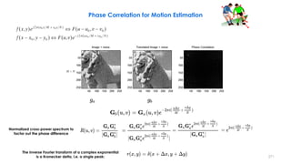 271
Normalized cross-power spectrum to
factor out the phase difference
The inverse Fourier transform of a complex exponential
is a Kronecker delta, i.e. a single peak:
Phase Correlation for Motion Estimation
 