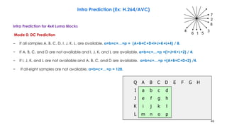 49
Intra Prediction for 4x4 Luma Blocks
Mode 0: DC Prediction
− If all samples A, B, C, D, I, J, K, L, are available, a=b=c=…=p = (A+B+C+D+I+J+K+L+4) / 8.
− If A, B, C, and D are not available and I, J, K, and L are available, a=b=c=…=p =(I+J+K+L+2) / 4.
− If I, J, K, and L are not available and A, B, C, and D are available, a=b=c=…=p =(A+B+C+D+2) /4.
− If all eight samples are not available, a=b=c=…=p = 128.
Intra Prediction (Ex: H.264/AVC)
1
2
34
56
7
8
a b c d
e f g h
i j k l
m n o p
Q A B C D E F G
I
J
K
L
H
 
