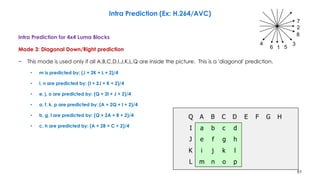 51
Intra Prediction for 4x4 Luma Blocks
Mode 3: Diagonal Down/Right prediction
− This mode is used only if all A,B,C,D,I,J,K,L,Q are inside the picture. This is a 'diagonal' prediction.
• m is predicted by: (J + 2K + L + 2)/4
• i, n are predicted by: (I + 2J + K + 2)/4
• e, j, o are predicted by: (Q + 2I + J + 2)/4
• a, f, k, p are predicted by: (A + 2Q + I + 2)/4
• b, g, l are predicted by: (Q + 2A + B + 2)/4
• c, h are predicted by: (A + 2B + C + 2)/4
Intra Prediction (Ex: H.264/AVC)
a b c d
e f g h
i j k l
m n o p
Q A B C D E F G
I
J
K
L
H
1
2
34
56
7
8
 