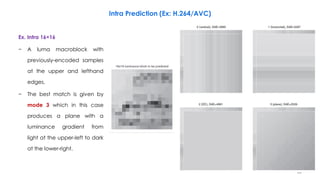 58
Ex. Intra 16×16
− A luma macroblock with
previously-encoded samples
at the upper and lefthand
edges.
− The best match is given by
mode 3 which in this case
produces a plane with a
luminance gradient from
light at the upper-left to dark
at the lower-right.
Intra Prediction (Ex: H.264/AVC)
 