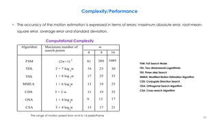 Algorithm Maximum number of
search points
4 8 16
w
TDL 2 + 7 log w2
16 23 30
TSS 1 + 8 log w2 17 25 33
MMEA 1 + 6 log w
2
13 19 25
CDS 3 + 2 w 11 19 35
CSA 5 + 4 log w
2
13 17 21
(2w+1)FSM 81 289 10892
OSA 1 + 4 log w 9 13 17
2
Computational Complexity
Complexity/Performance
93
The range of motion speed from w=4 to 16 pixels/frame
− The accuracy of the motion estimation is expressed in terms of errors: maximum absolute error, root-mean-
square error, average error and standard deviation.
FSM: Full Search Mode
TDL: Two-dimensional Logarithmic
TSS: Three-step Search
MMEA: Modified Motion Estimation Algorithm
CDS: Conjugate Direction Search
OSA: Orthogonal Search Algorithm
CSA: Cross-search Algorithm
 